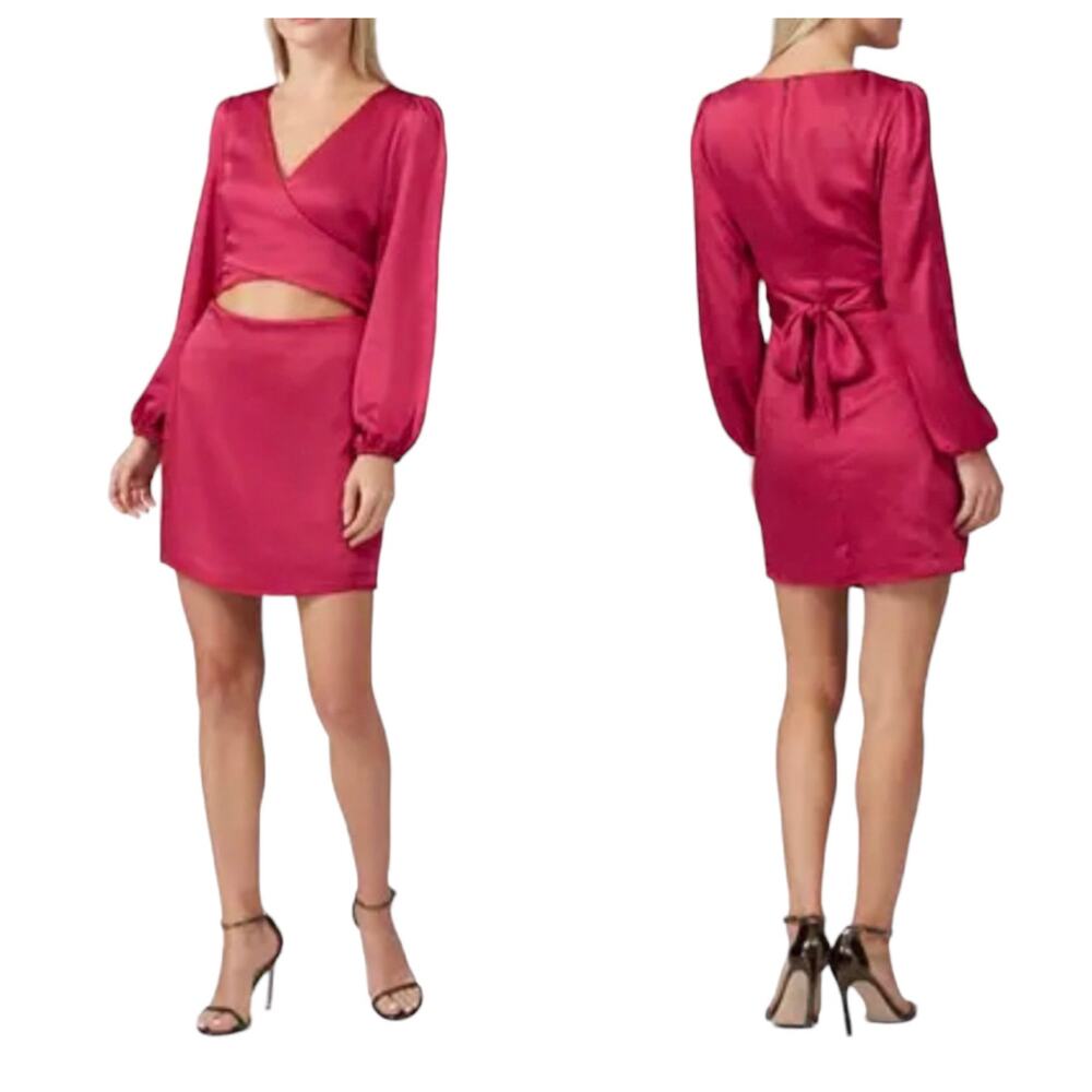 Stylestalker Mini Dress Maia Ruby Satin Long Sleeve Wrap Cutout Waist